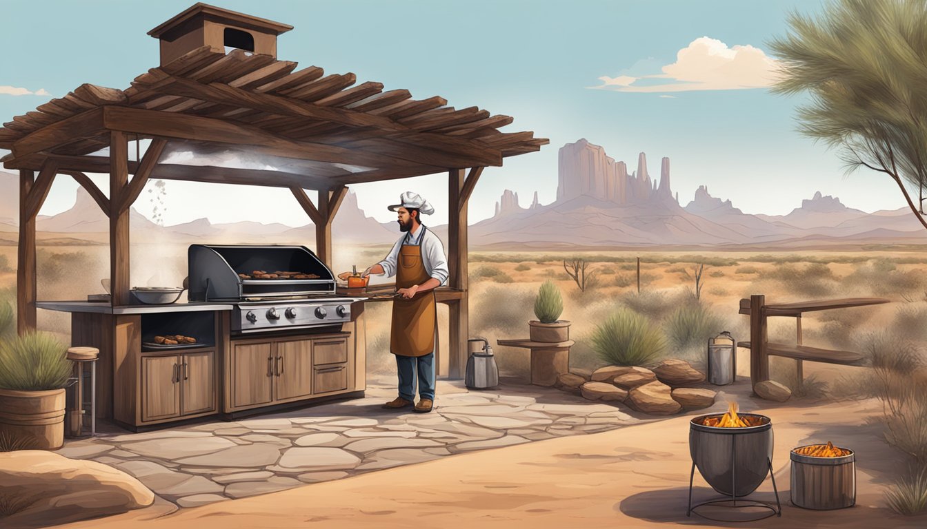 A rustic outdoor kitchen with a large grill, surrounded by Texas desert landscape, with a chef seasoning and grilling venison over an open flame