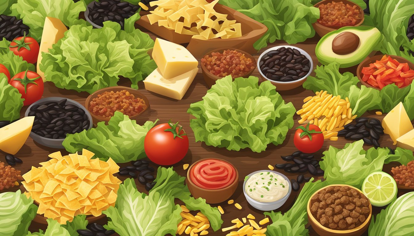 A colorful array of fresh lettuce, diced tomatoes, shredded cheese, ground beef, black beans, corn, and crispy tortilla strips arranged in a large salad bowl