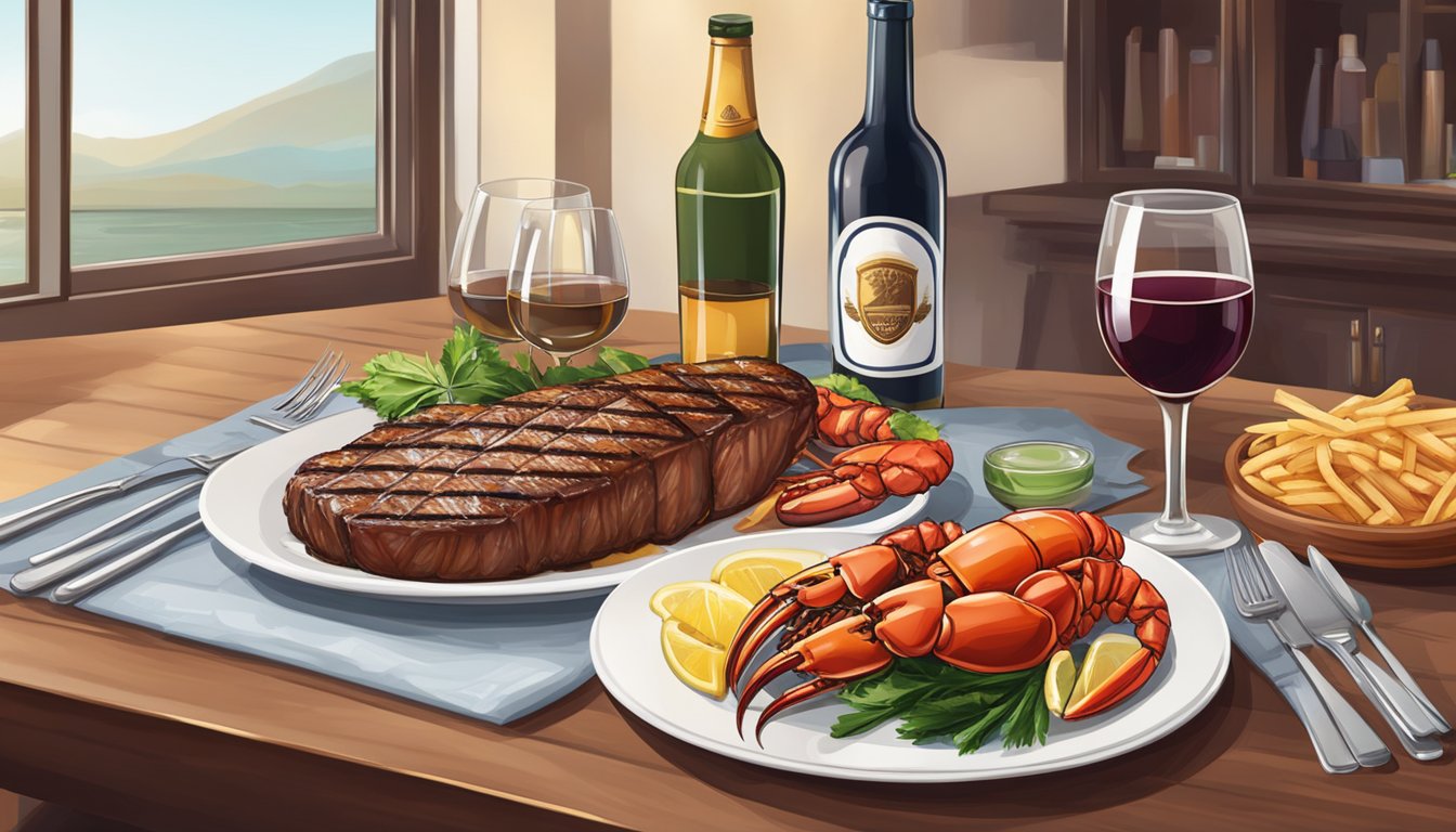 A table set with a grilled steak, lobster tail, and glasses of wine and beer