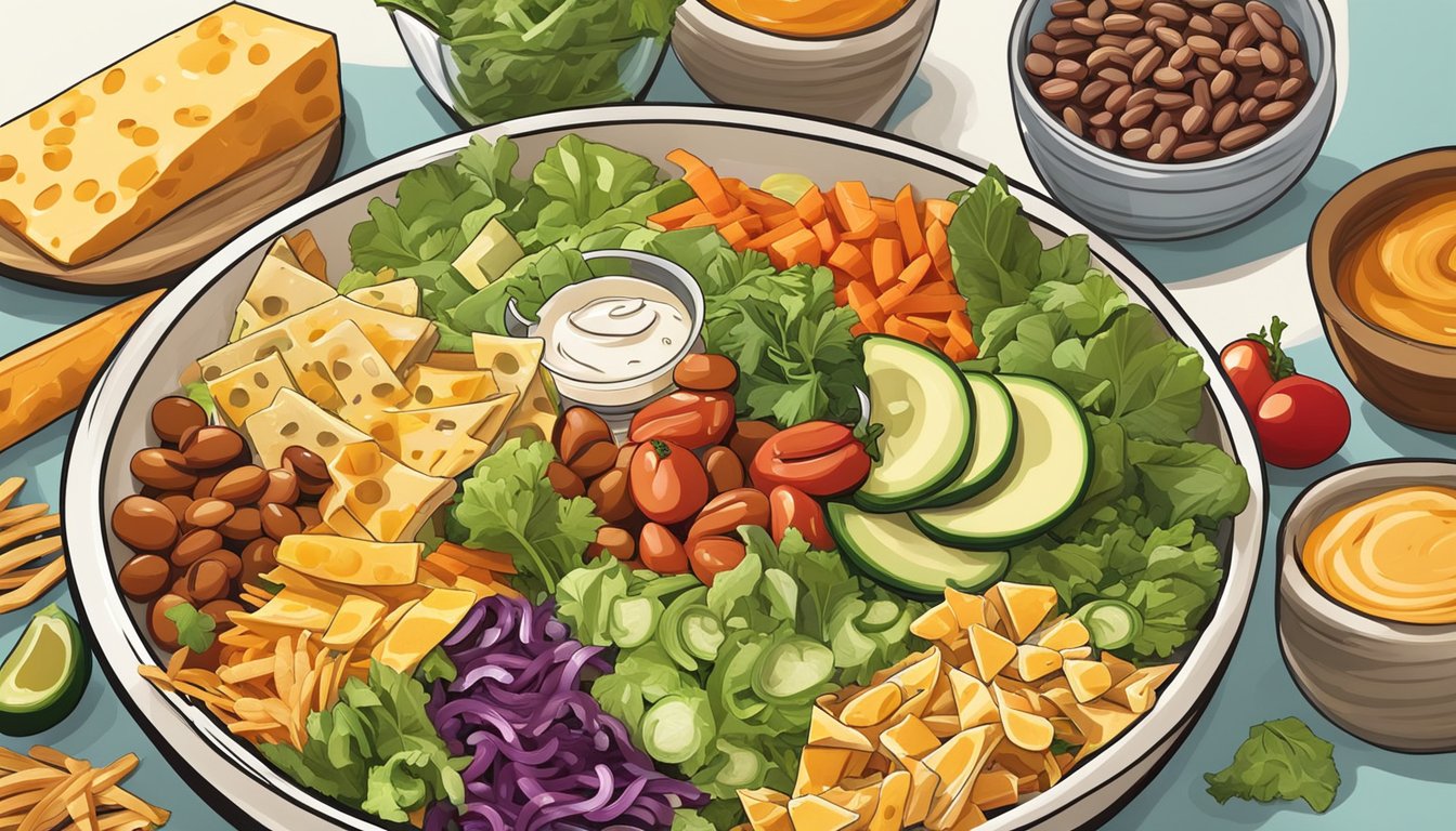 A colorful array of fresh vegetables, beans, cheese, and tortilla strips arranged in a large salad bowl, with a side of tangy dressing in a small dish