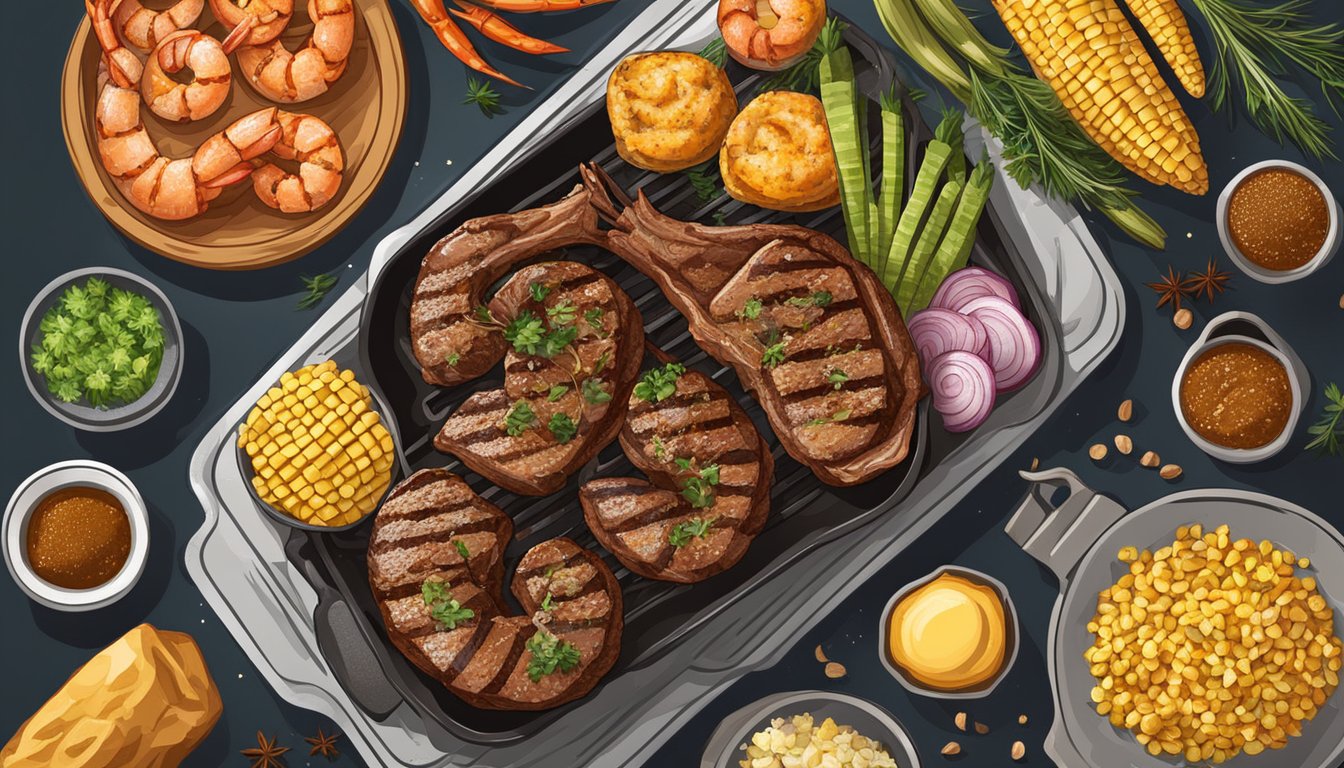 A sizzling steak and succulent shrimp on a grill, surrounded by Texan spices and herbs, with a side of baked potatoes and grilled corn on the cob