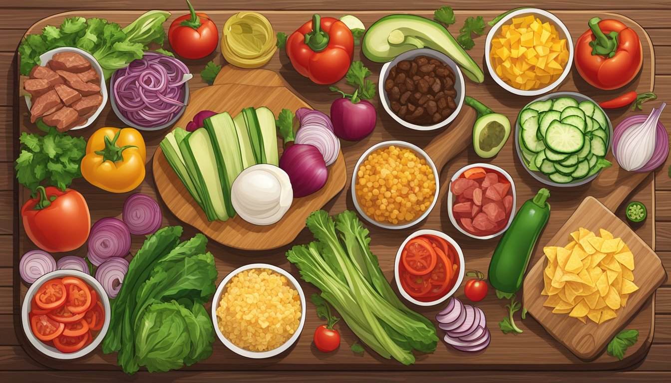 A colorful array of fresh vegetables, meats, and toppings laid out on a wooden cutting board, ready to be assembled into the ultimate Texas taco salad