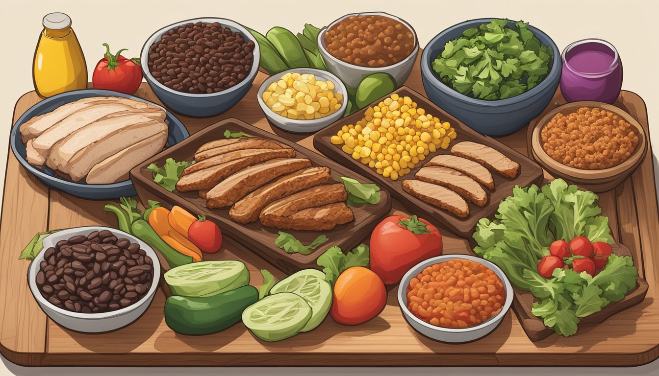 A colorful array of protein options, including grilled chicken, seasoned ground beef, and black beans, are spread out on a wooden cutting board next to vibrant vegetables and a variety of toppings