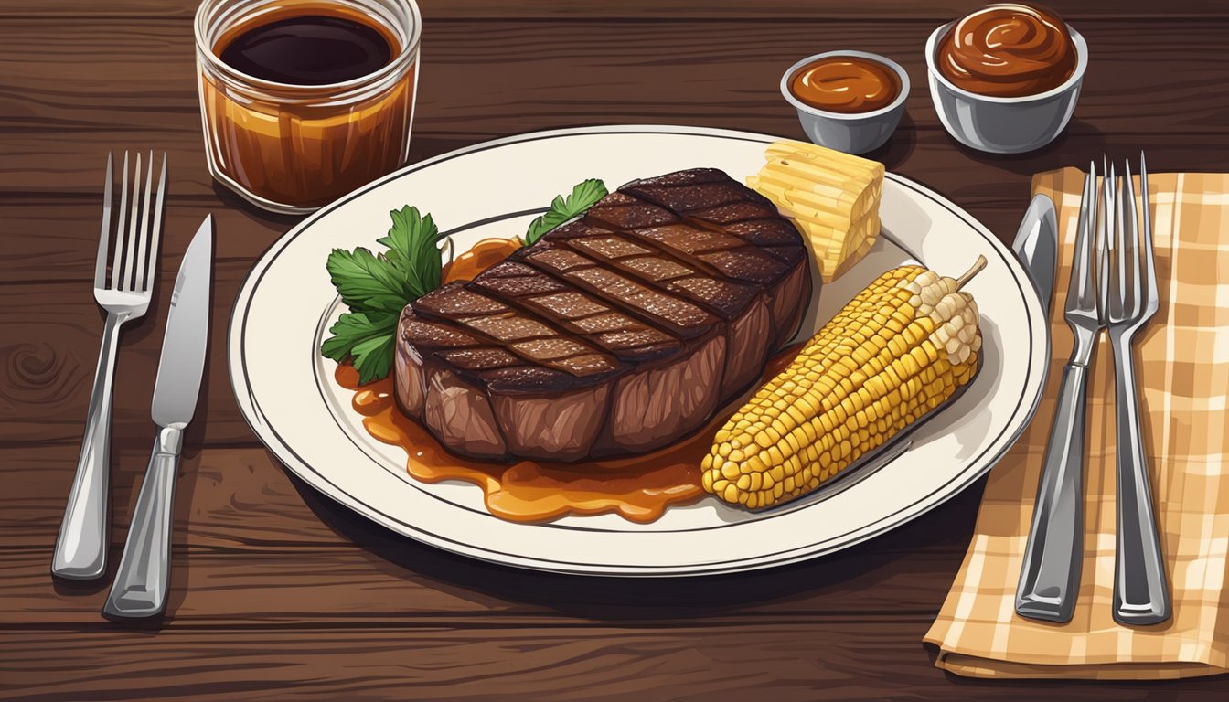 A rustic wooden table adorned with a beautifully seared venison steak, accompanied by grilled corn on the cob and a side of tangy barbecue sauce