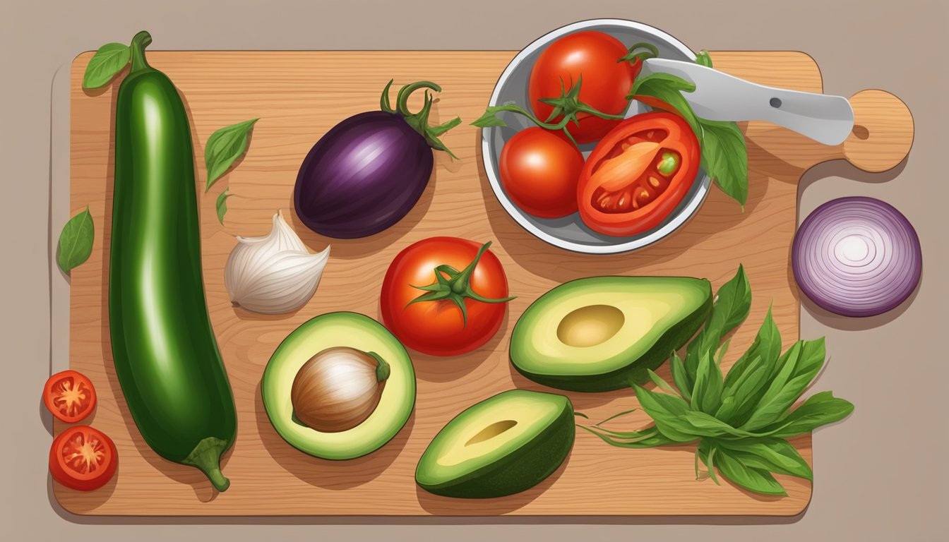 A wooden cutting board with tomatoes, onions, jalapenos, and avocados. A mortar and pestle for grinding spices. A mixing bowl with a spoon