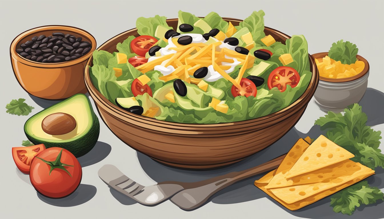 A wooden bowl filled with lettuce, tomatoes, black beans, corn, avocado, and tortilla strips, topped with a dollop of sour cream and a sprinkle of shredded cheddar cheese