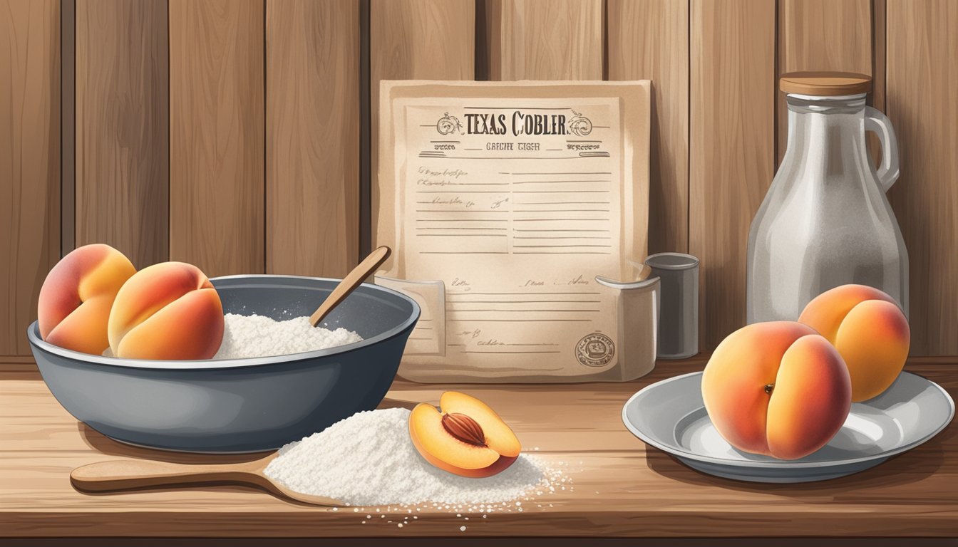 A rustic kitchen counter with fresh peaches, flour, sugar, and a mixing bowl. A vintage recipe card for Texas Peach Cobbler sits nearby