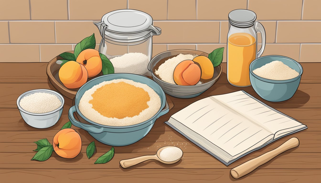 A kitchen counter with fresh peaches, flour, sugar, and spices, surrounded by mixing bowls and a rolling pin. A recipe book open to a page on Texas peach cobbler