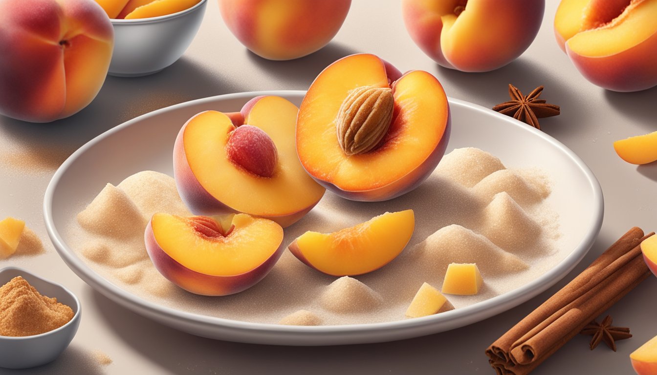 Freshly sliced peaches being sprinkled with cinnamon and sugar, while a mixture of flour, butter, and sugar is being crumbled on top