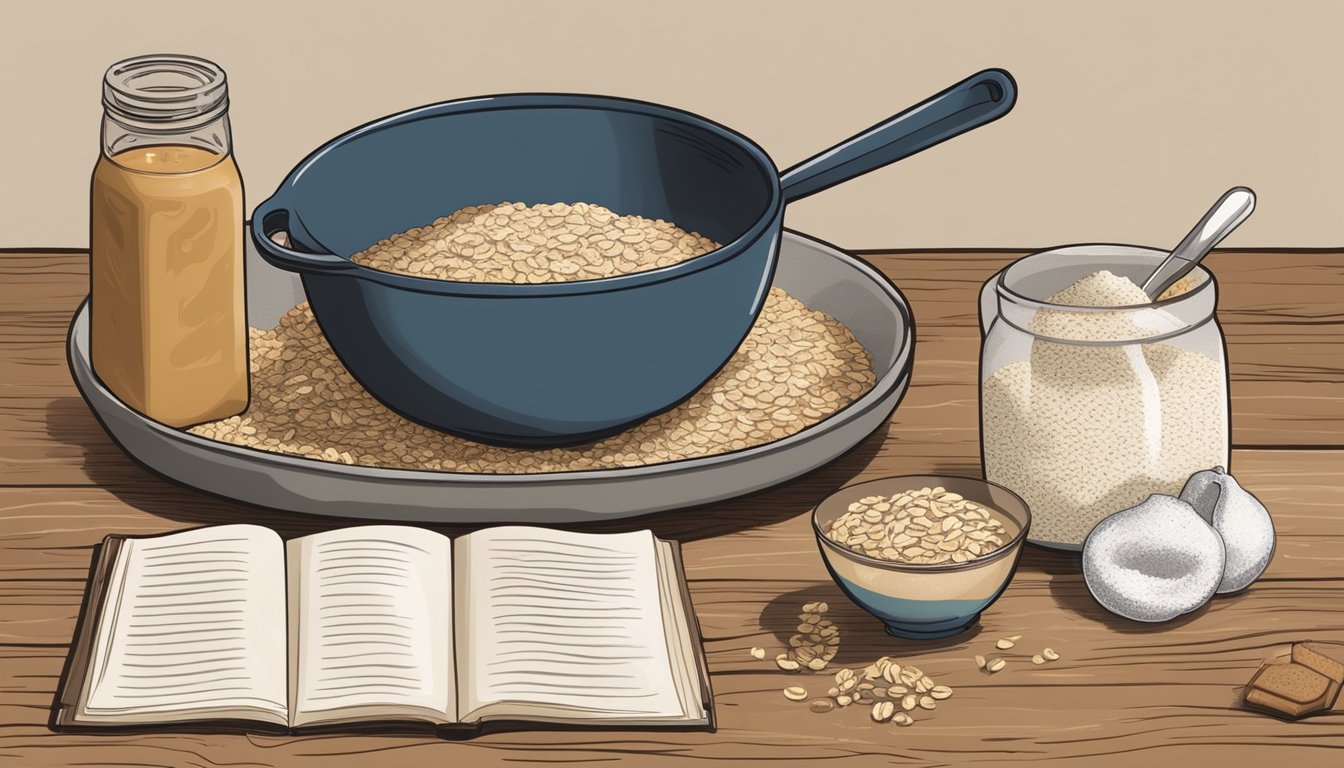 A rustic kitchen with a large mixing bowl filled with flour, oats, and chocolate chips. A recipe book open to a page titled "Cowboy Cookies" sits nearby