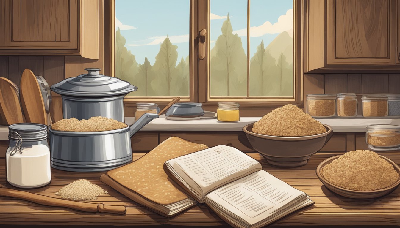 A rustic kitchen with a wooden table filled with flour, sugar, oats, chocolate chips, and a cowboy hat hanging on a hook. A vintage recipe book lies open to the page for cowboy cookies