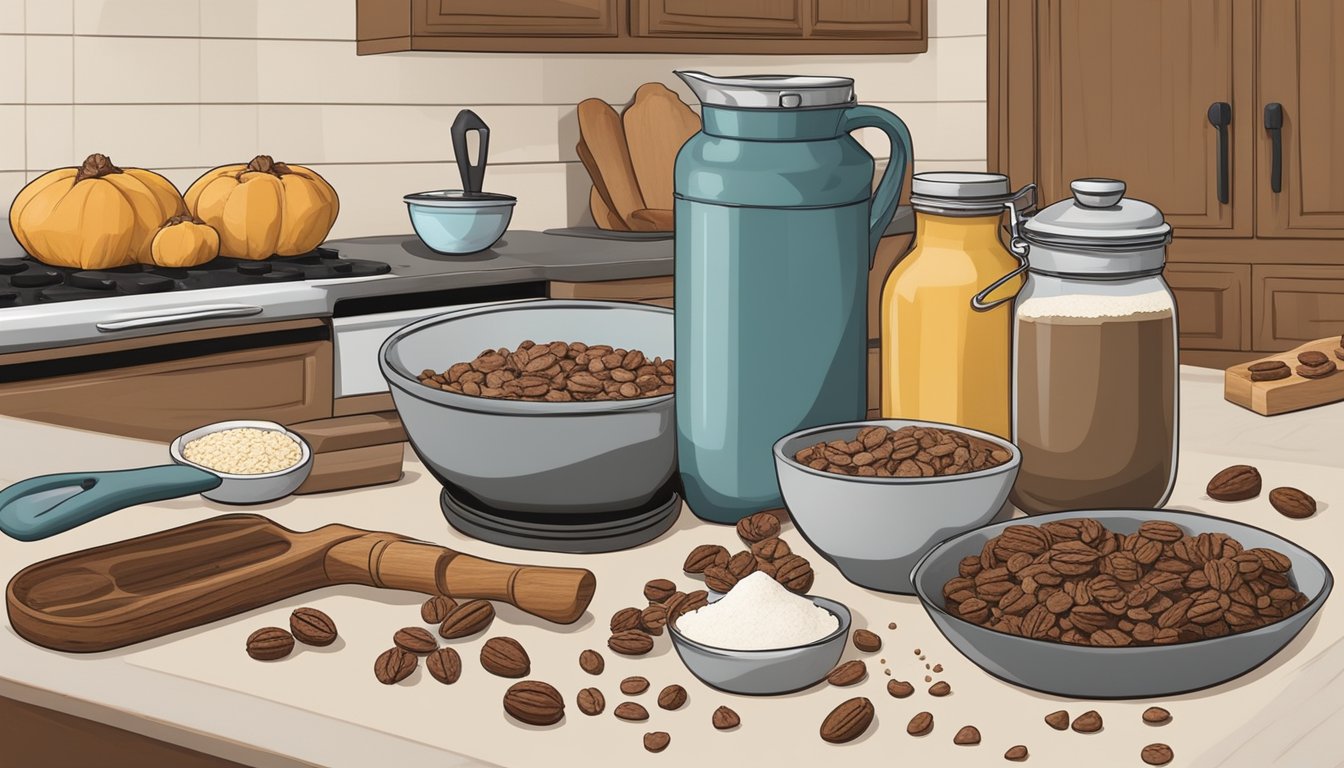 A rustic kitchen counter with a mixing bowl, measuring cups, and ingredients like chocolate chips, oats, and pecans laid out to bake cowboy cookies