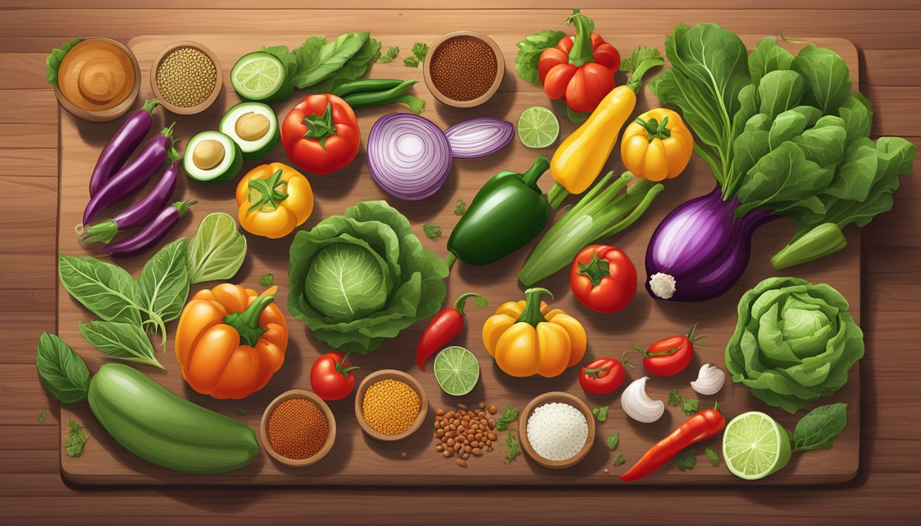 A colorful array of fresh vegetables and beans arranged on a cutting board, with a variety of Tex-Mex spices and herbs scattered around