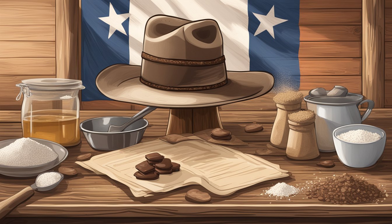 A rustic kitchen with a cowboy hat hanging on the wall, a worn wooden table covered in flour and chocolate chips, and a recipe card with a Texas flag motif