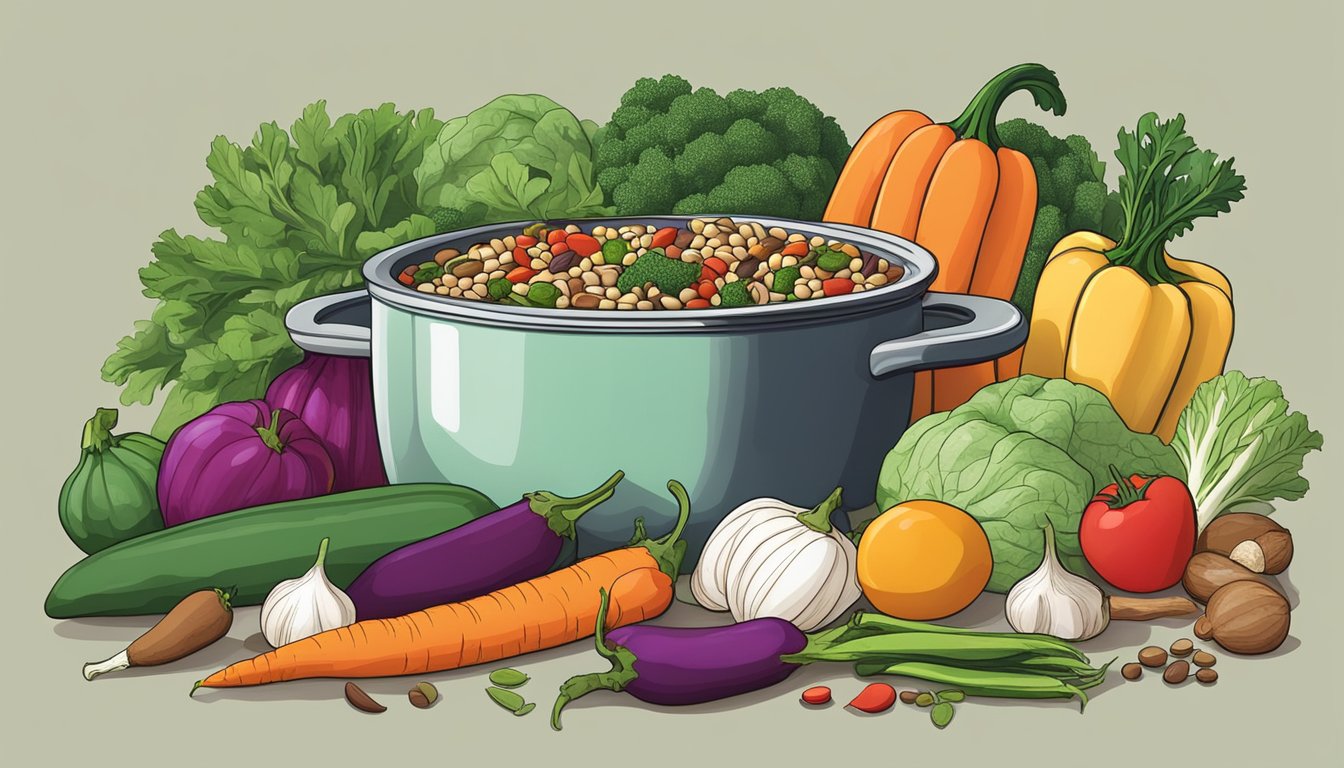 A colorful array of fresh vegetables, beans, and spices arranged on a kitchen counter next to a casserole dish