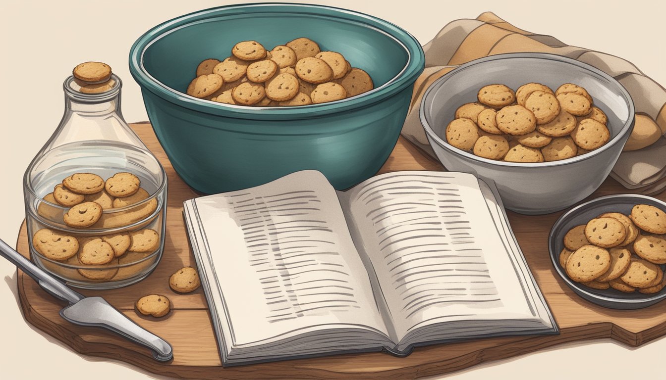 A rustic kitchen counter with ingredients for cowboy cookies laid out in a vintage mixing bowl, next to a recipe book open to the page on how to bake them