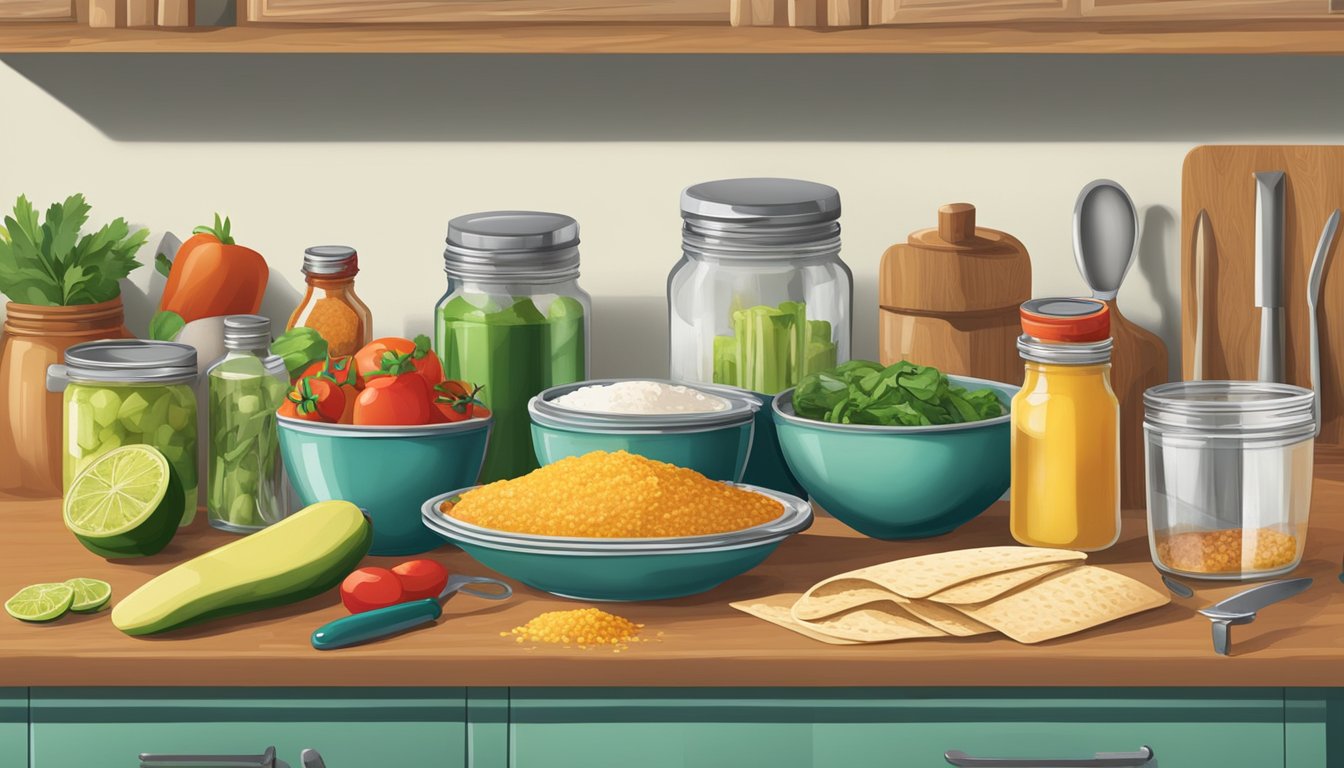 A kitchen counter with a cutting board, knife, mixing bowl, can opener, measuring cups, and various cans and jars of Tex-Mex ingredients