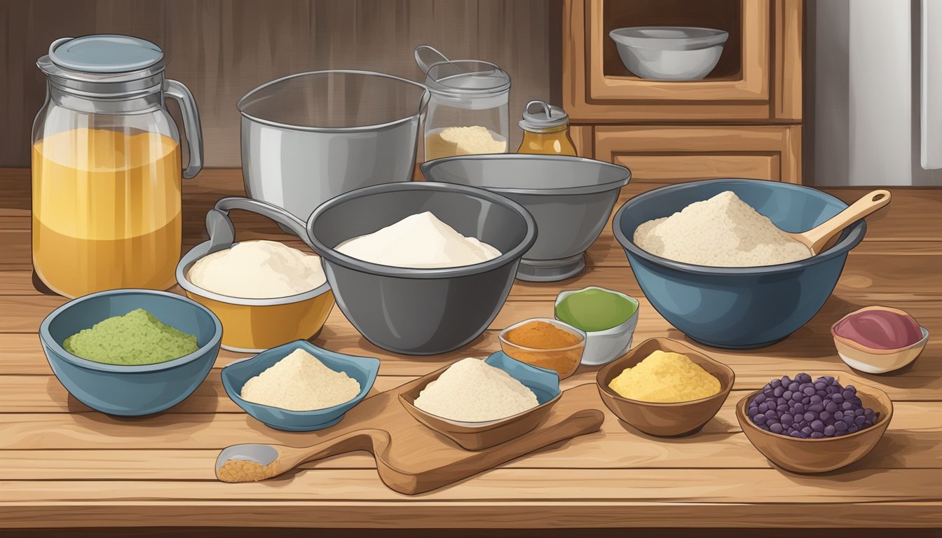 A rustic kitchen with a mixing bowl and ingredients laid out on a wooden table, ready to be folded into the cookie batter