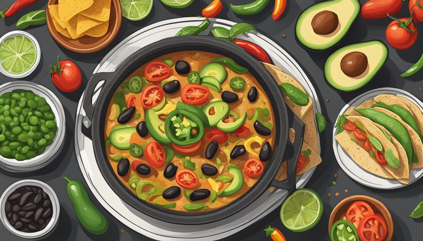 A colorful spread of avocados, tomatoes, jalapenos, and tortillas, alongside sizzling fajitas and a bubbling pot of spicy black beans