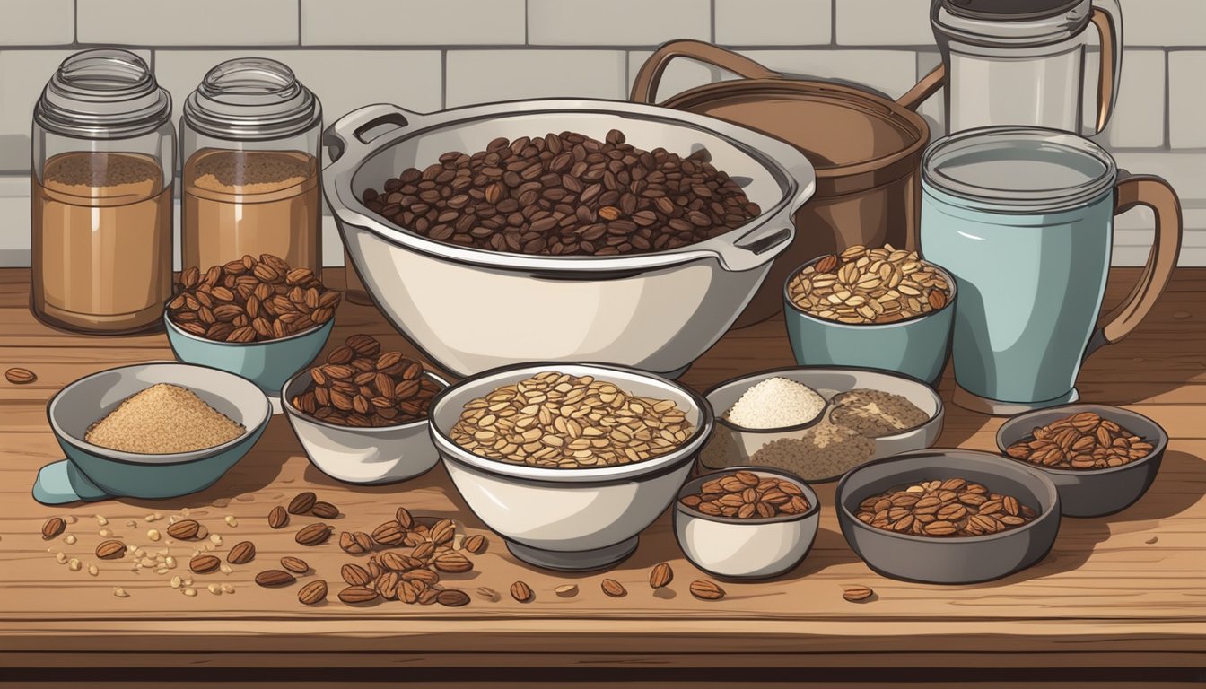 A rustic kitchen with a wooden table covered in ingredients like chocolate chips, oats, and pecans. A mixing bowl and measuring cups sit nearby