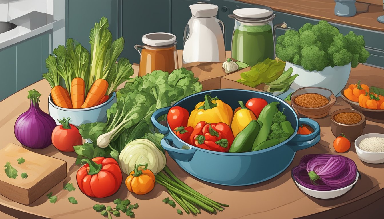 A colorful array of fresh vegetables and spices arranged on a kitchen counter, with a casserole dish and cooking utensils nearby