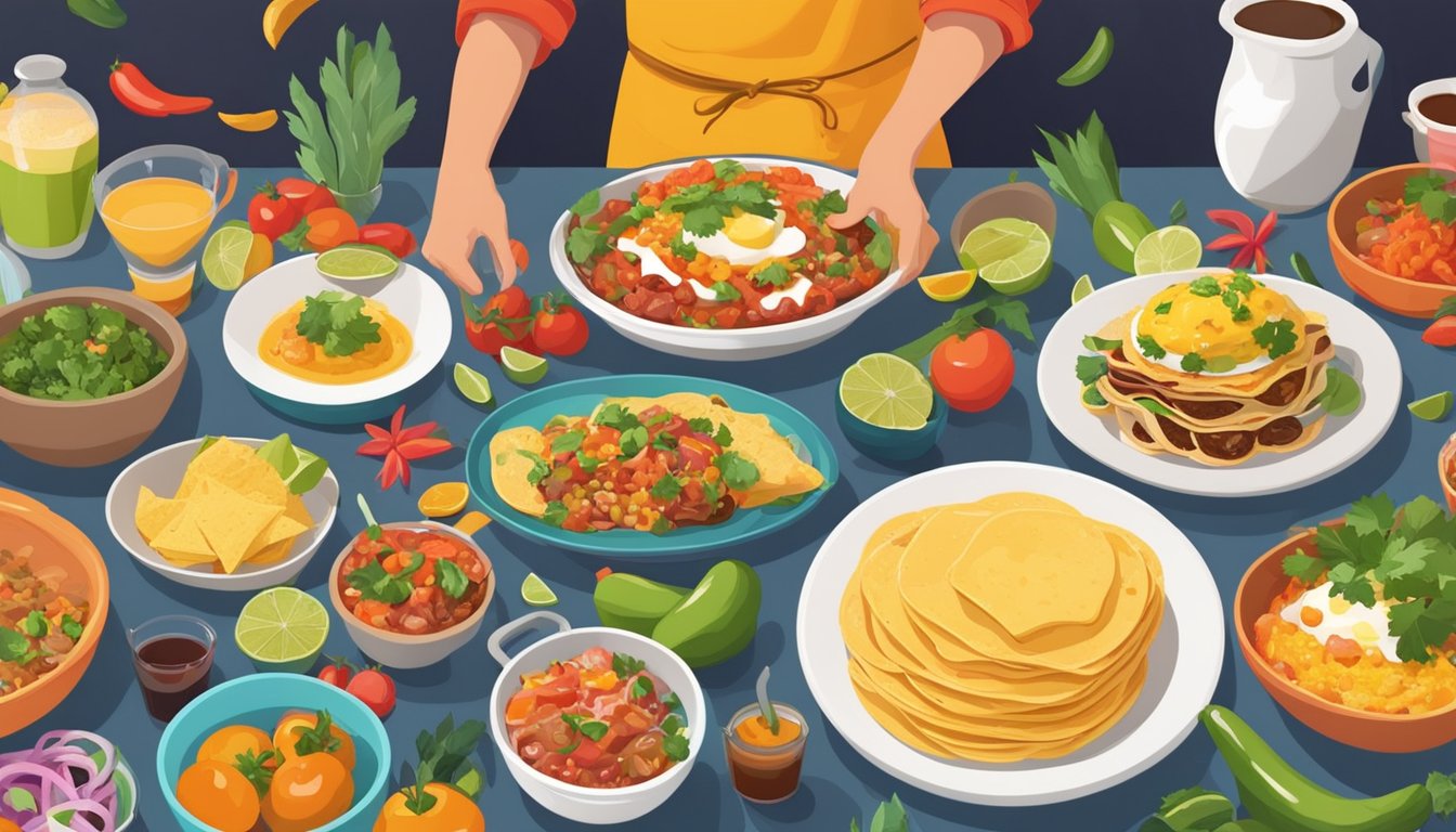 A chef arranging Tex Mex brunch dishes on a table with colorful ingredients and festive decorations