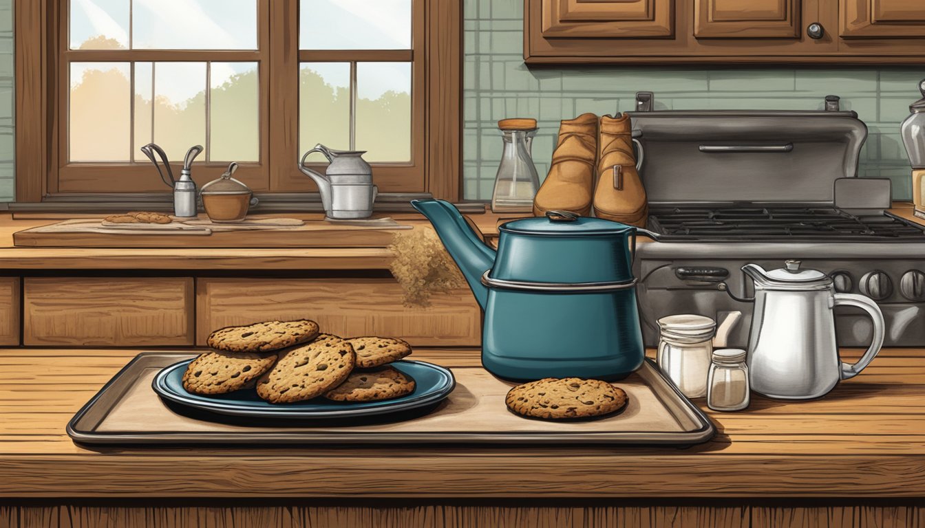 A rustic kitchen counter with cowboy boots, a cowboy hat, a cast iron skillet, and a tray of freshly baked cowboy cookies