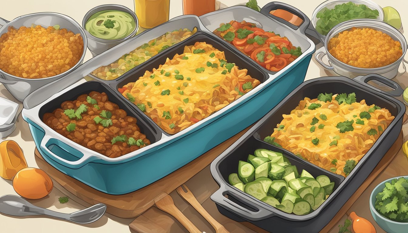 A colorful Tex Mex vegetarian casserole surrounded by various cooking utensils and containers, with clear step-by-step instructions for storage and reheating