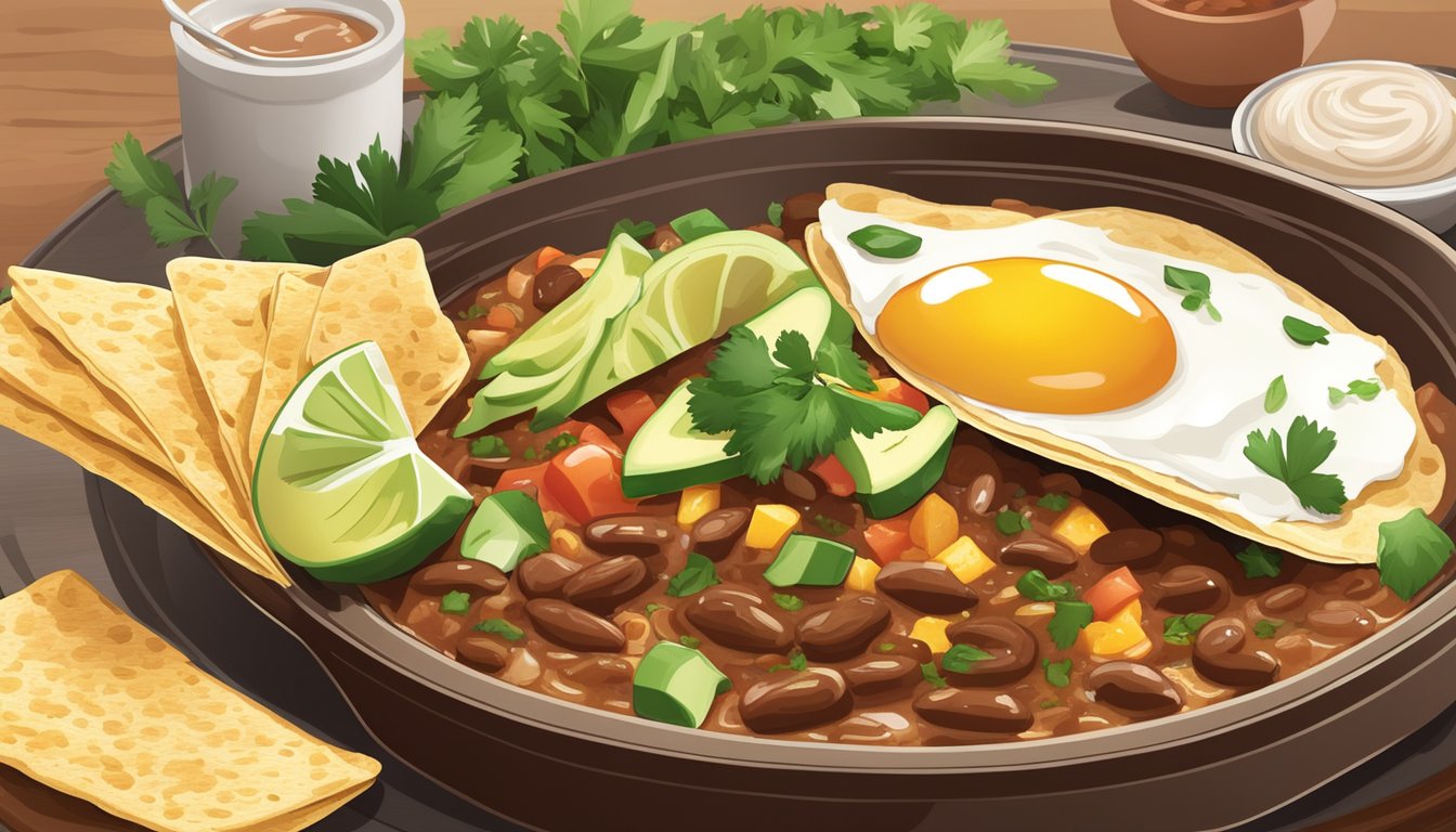 A sizzling skillet of huevos rancheros with a side of refried beans and crispy tortilla strips, garnished with fresh cilantro and sliced avocado