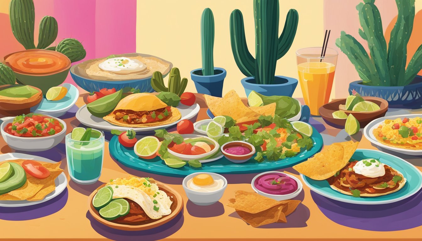 A colorful Tex-Mex brunch spread with dishes like huevos rancheros, chilaquiles, and breakfast tacos, accompanied by margaritas and a vibrant decor of cacti and sombreros