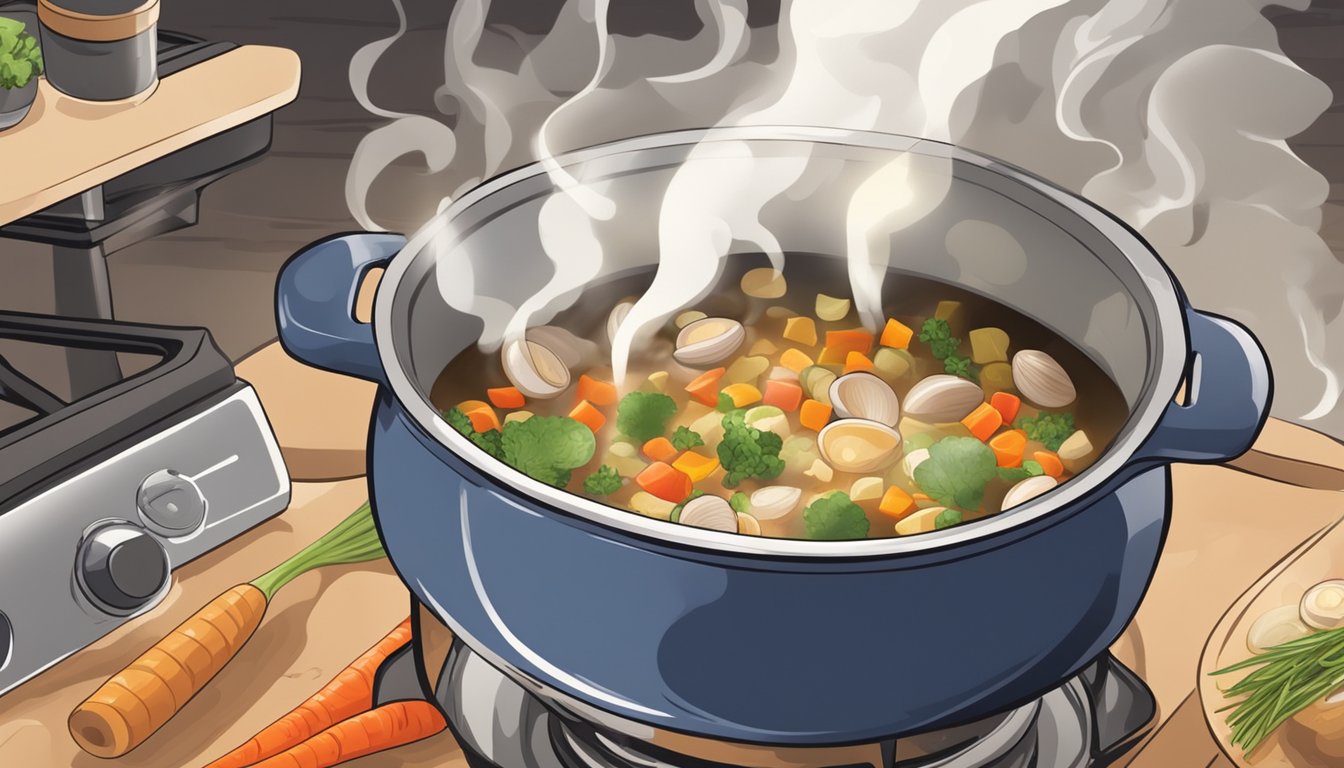 A pot simmering on a stove, filled with diced vegetables, clams, and spices. A wooden spoon stirs the mixture as steam rises from the bubbling chowder