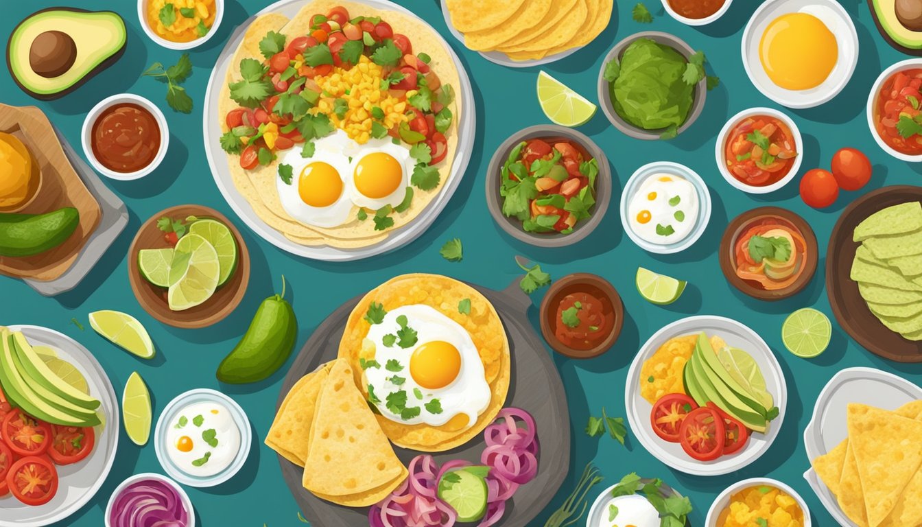 A colorful Tex-Mex brunch spread with fresh ingredients and a variety of dishes, including eggs, avocado, salsa, and tortillas