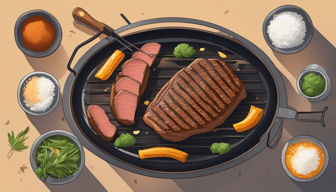 A grill with a sizzling Texas-style flank steak, surrounded by seasonings and utensils, with a smoky aroma in the air