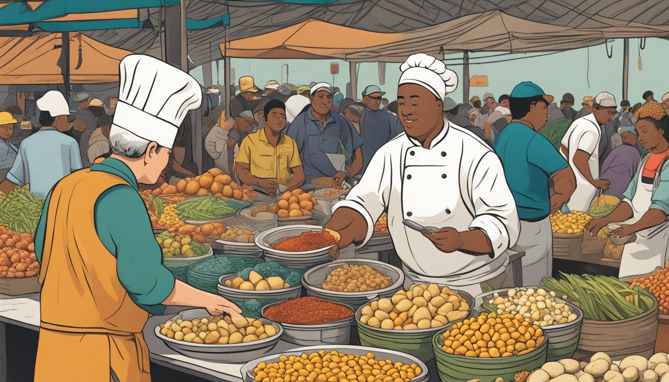 A chef in a bustling market selects fresh clams, corn, and potatoes, while a vendor hands over a bottle of hot sauce