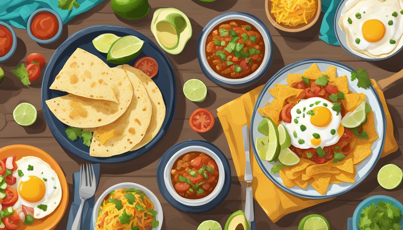 A table set with colorful tex mex brunch dishes, including huevos rancheros, breakfast tacos, and chilaquiles, with fresh salsa and guacamole on the side