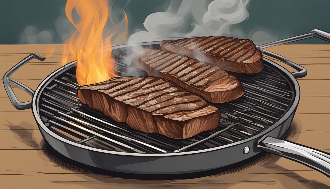 A grill with a sizzling Texas-style flank steak, seasoned and flipped by a spatula, smoke rising