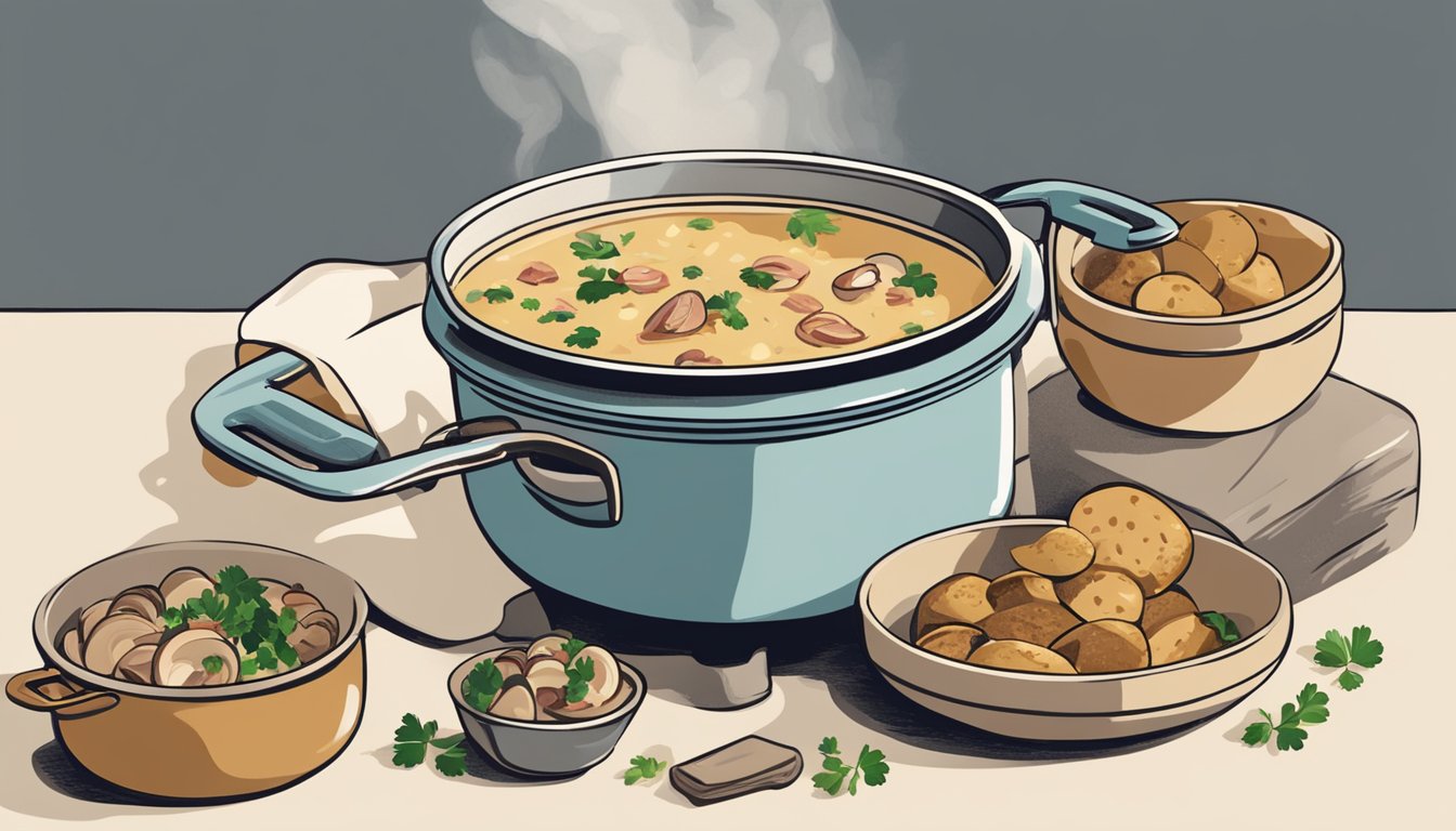 A large pot simmering on a stove filled with chunks of potatoes, clams, and bacon in a creamy, savory broth. On the counter, a bowl of freshly chopped parsley and a stack of crusty bread