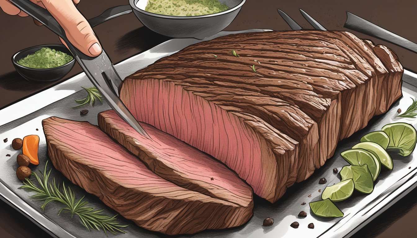 A Texas-style flank steak being seasoned and rubbed before grilling