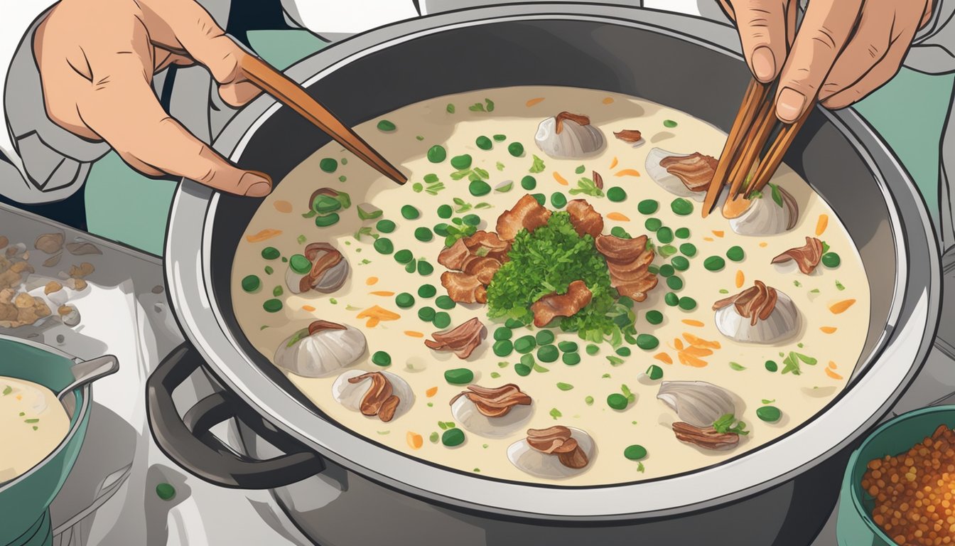 A chef adds spices to a bubbling pot of clam chowder while another sprinkles crispy bacon and green onions on top