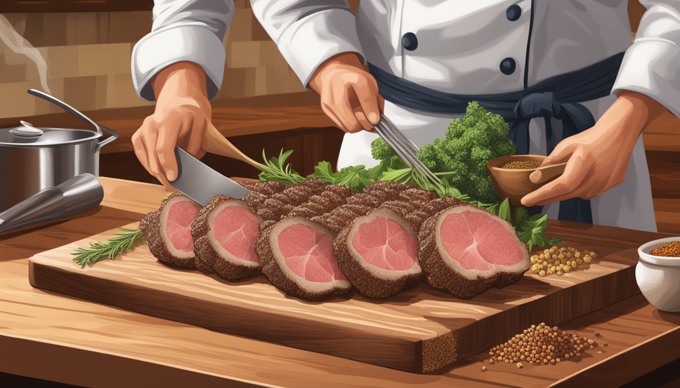 A chef seasoning a rack of lamb with Texas-style spices on a wooden cutting board