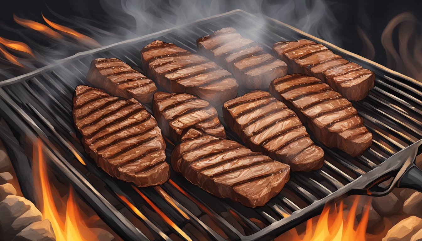 A sizzling Texas-style flank steak grilling over hot coals, with grill marks and a smoky aroma filling the air