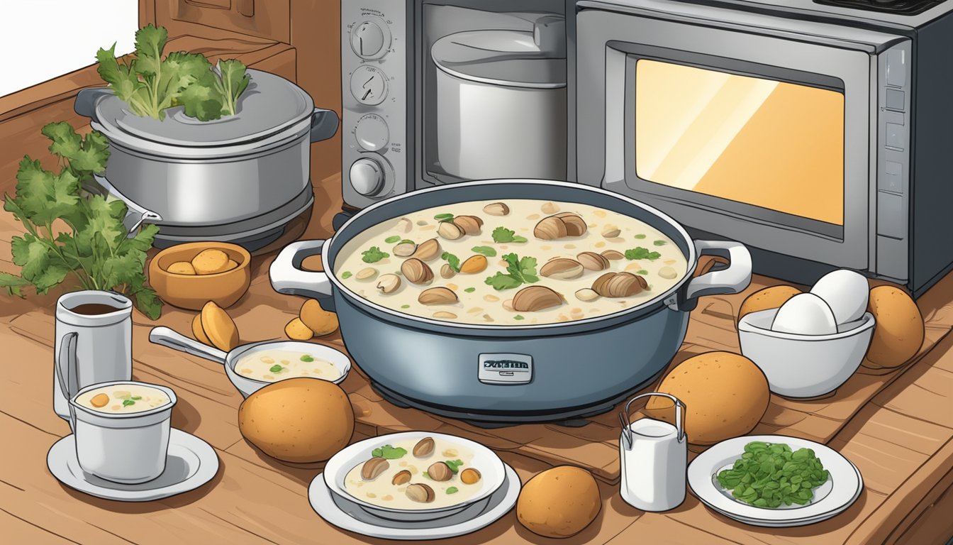 A pot of Texas-style clam chowder simmers on a stovetop, surrounded by fresh ingredients like potatoes, onions, and bacon. A microwave sits nearby for reheating leftovers