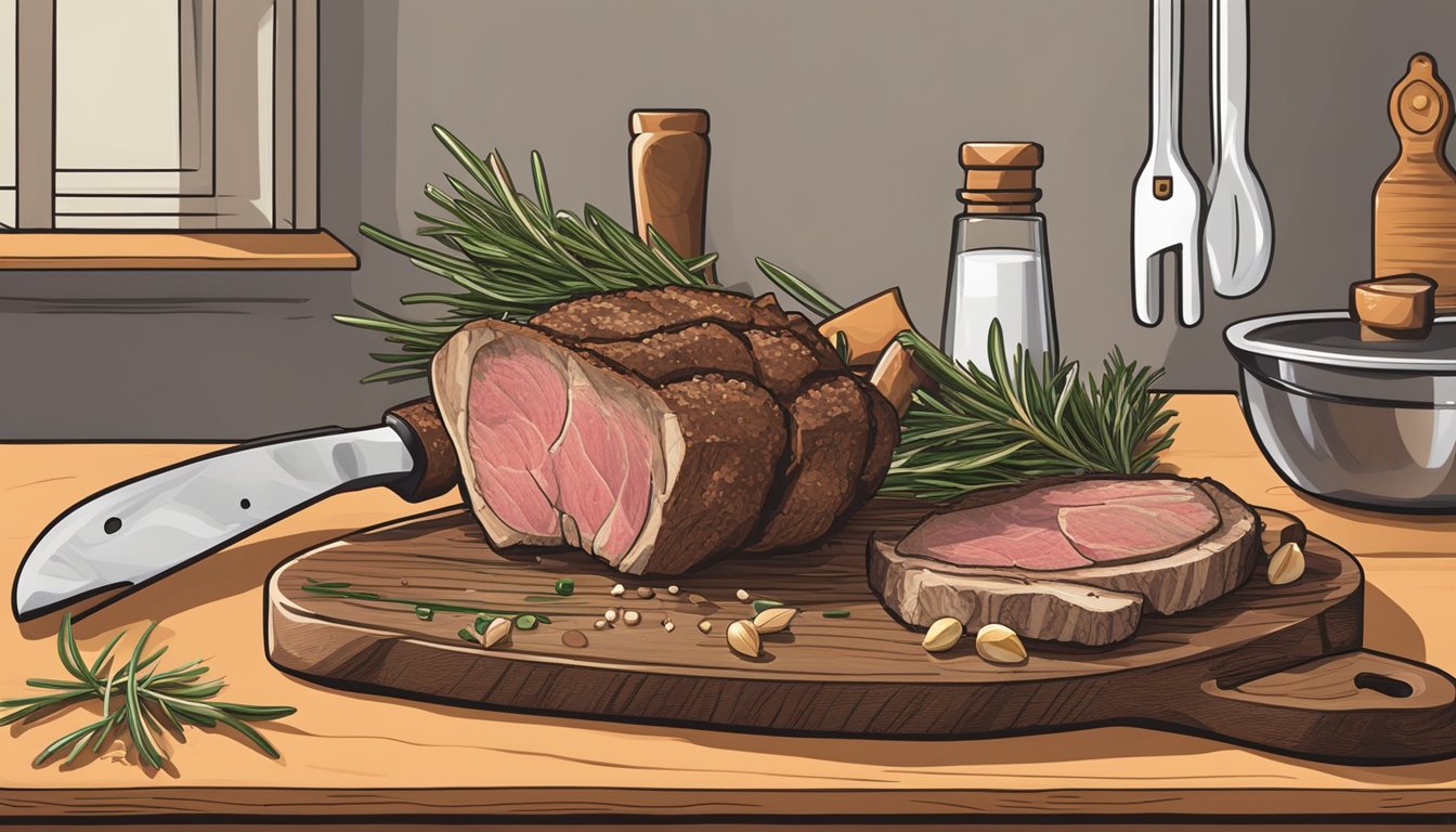 A cutting board with a rack of lamb, rosemary, garlic, salt, pepper, and a meat thermometer next to a set of kitchen knives and a cast iron skillet