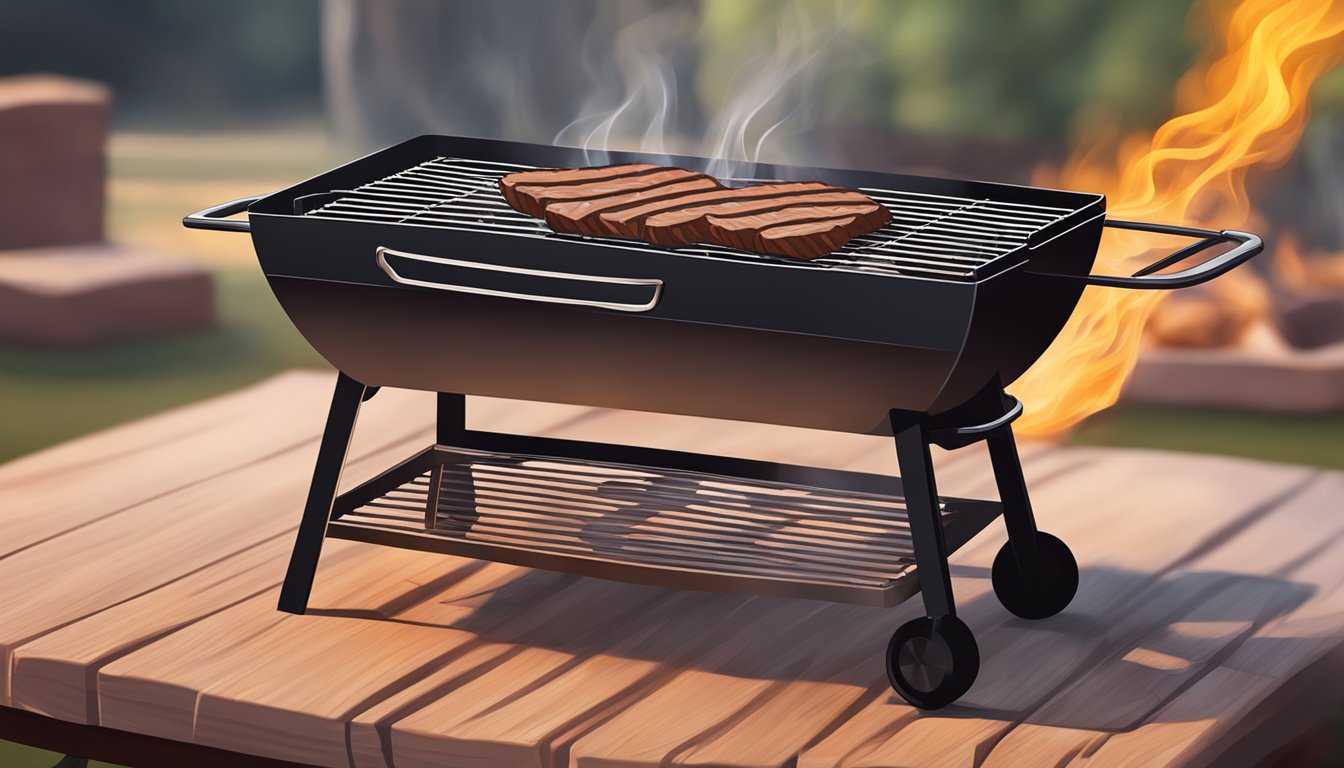 A grill with a sizzling Texas-style flank steak resting on the grates, with char marks and a smoky aroma rising from the meat