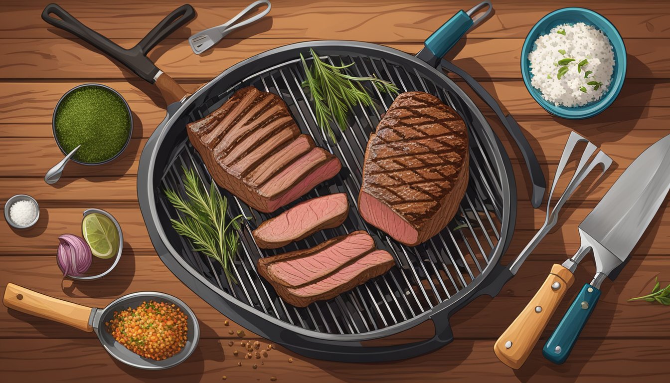 A grill with a sizzling Texas-style flank steak, surrounded by grilling tools and seasonings on a wooden table