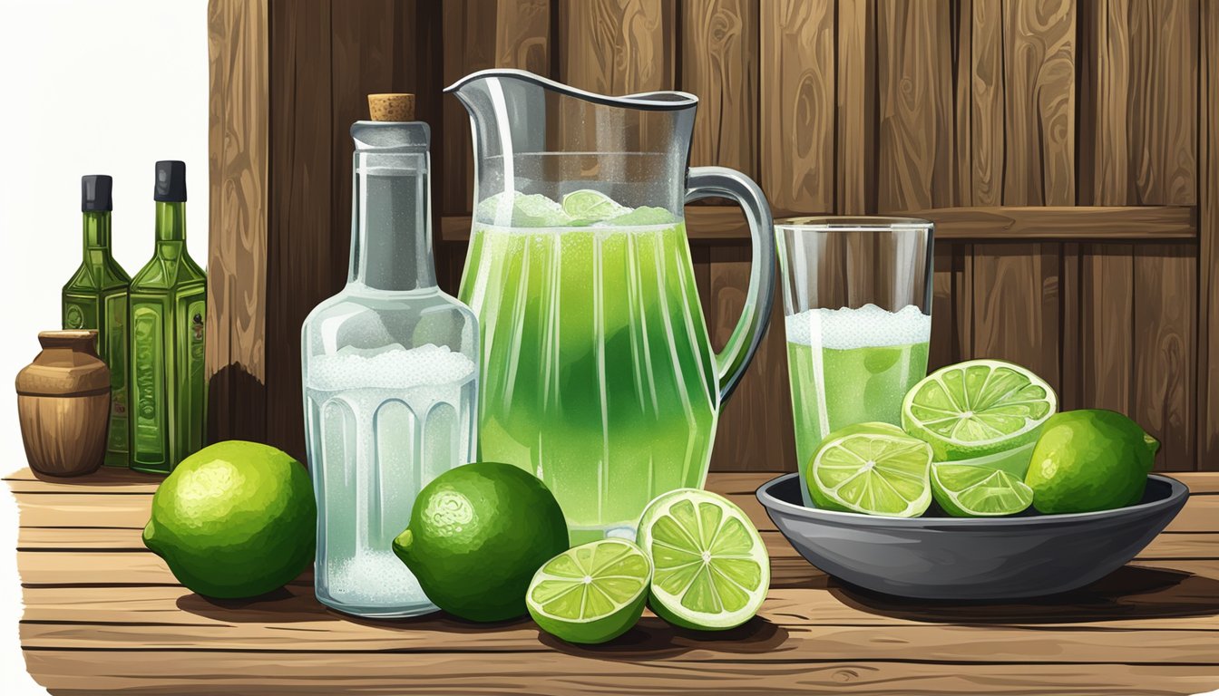 A rustic bar setting with a large pitcher of margaritas surrounded by fresh limes, a bottle of tequila, and a bowl of salt