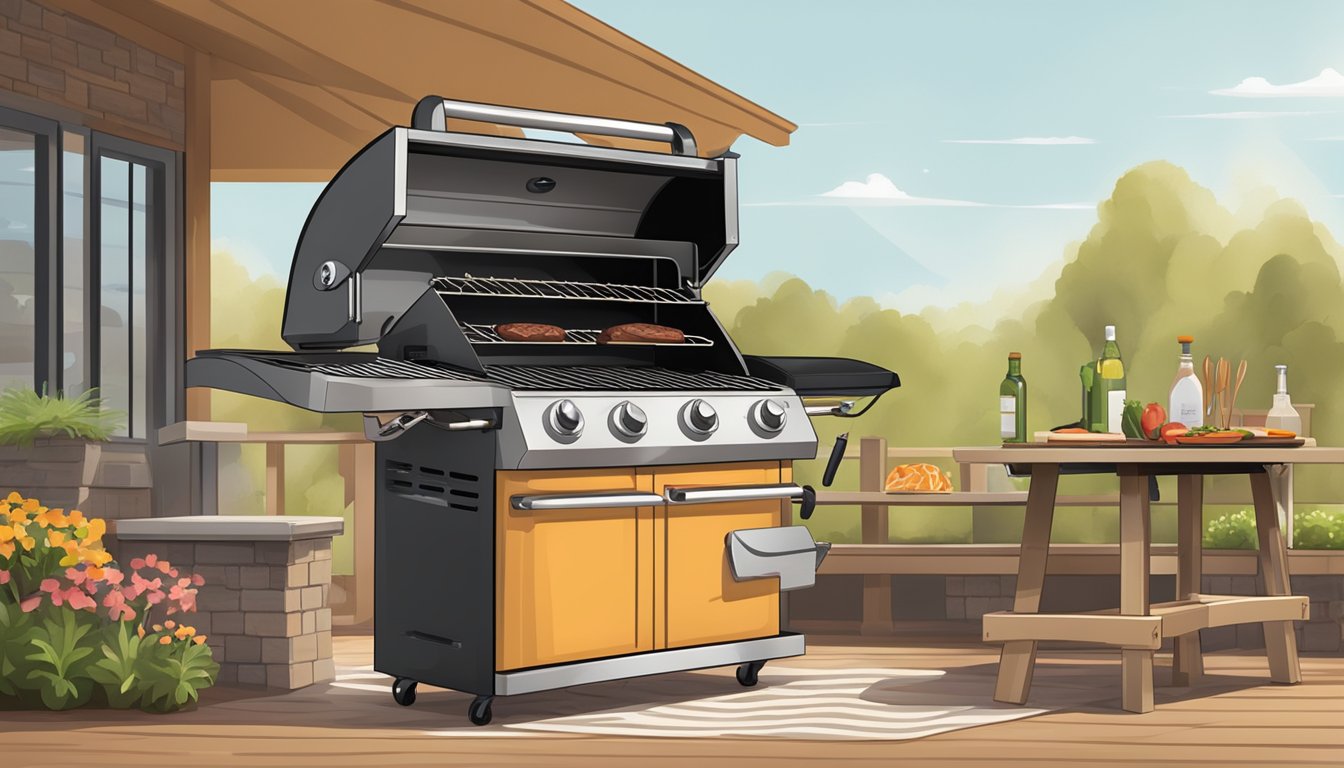 A grill with a sizzling Texas style flank steak, surrounded by grilling tools and a clean, organized outdoor cooking area