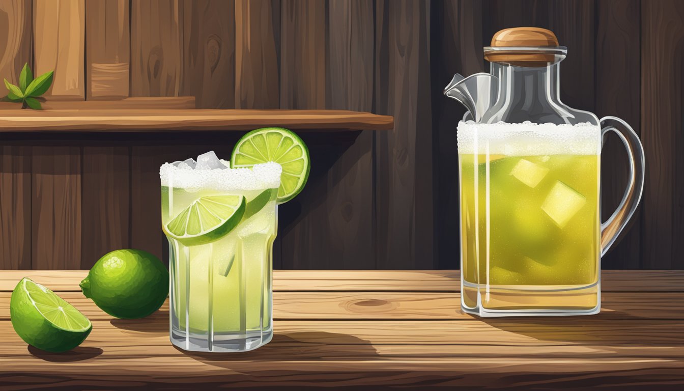 A rustic wooden bar with a pitcher of tequila, limes, and a salt-rimmed glass filled with a refreshing Texas margarita