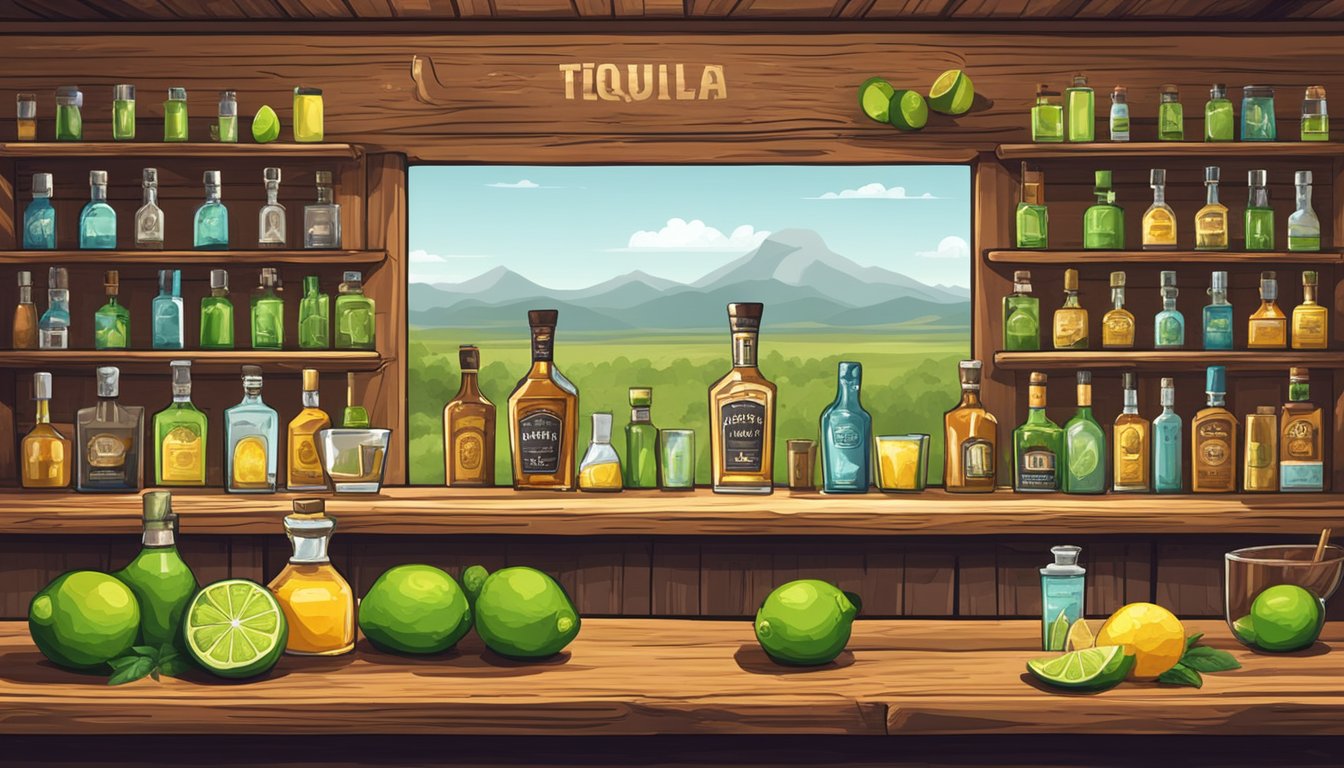 A rustic bar with shelves of tequila bottles, fresh limes, and a cocktail shaker. A Texan landscape in the background