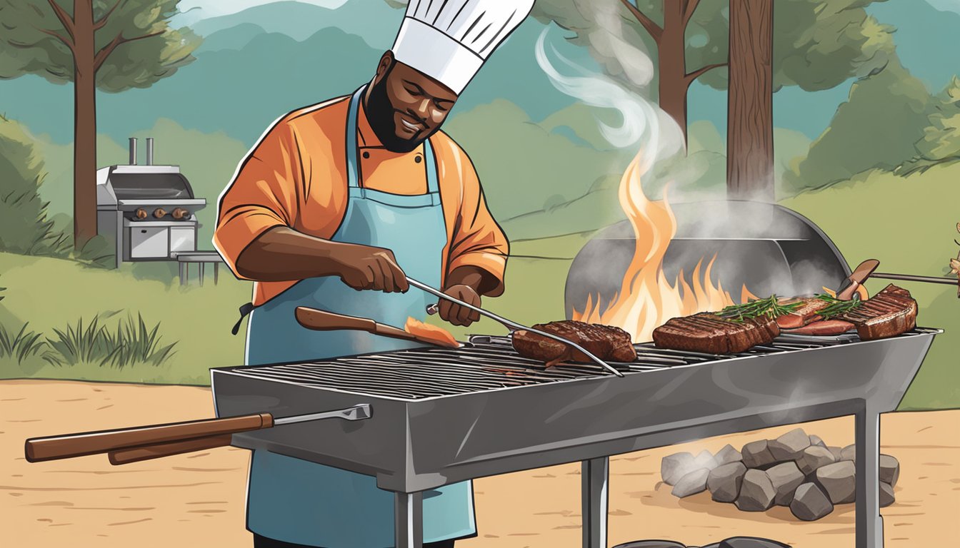 A chef grilling a rack of lamb over an open flame, basting it with a tangy Texas-style barbecue sauce